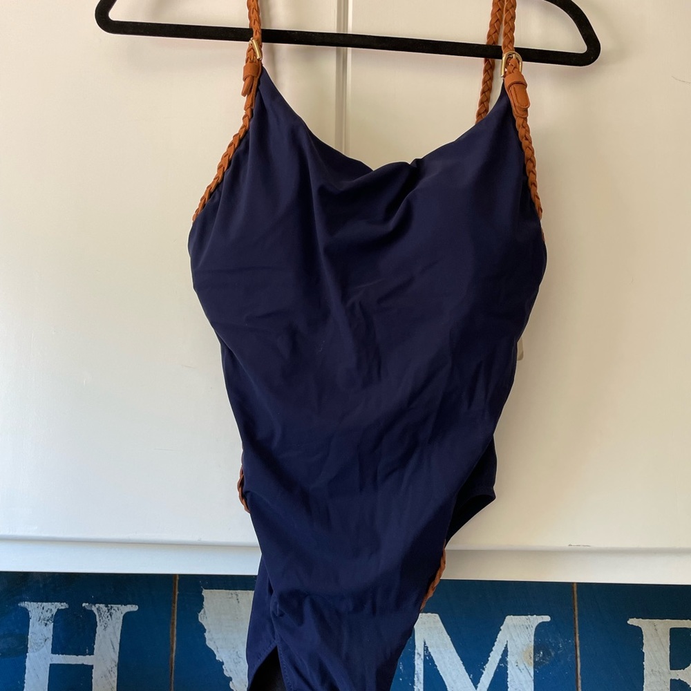 Gottex navy blue one piece swimsuit with leather trim accents